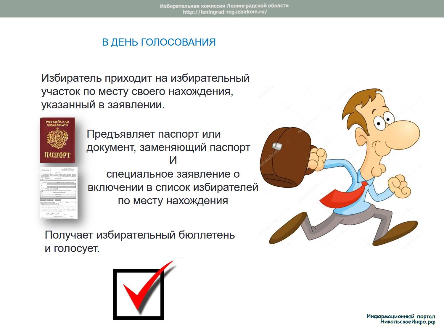 АЛГОРИТМ ПОРЯДКА ГОЛОСОВАНИЯ ПО МЕСТУ НАХОЖДЕНИЯ В ДЕНЬ ГОЛОСОВАНИЯ »  Информационный портал города Никольское и Тосненского района ЛО